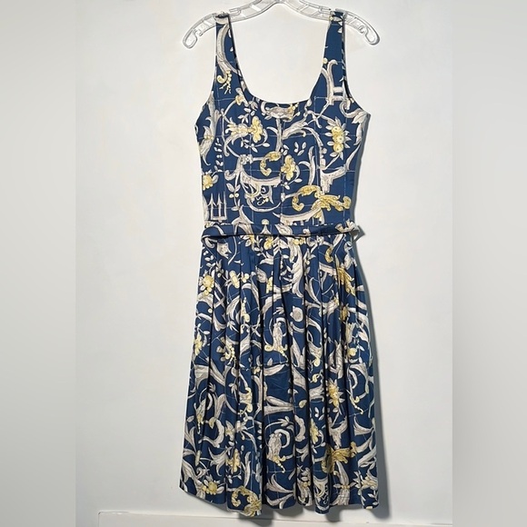 SAMANTHA SUNG Floral/Scroll Blue & Yellow Tiered Cotton Cottage Party Dress SZ 6